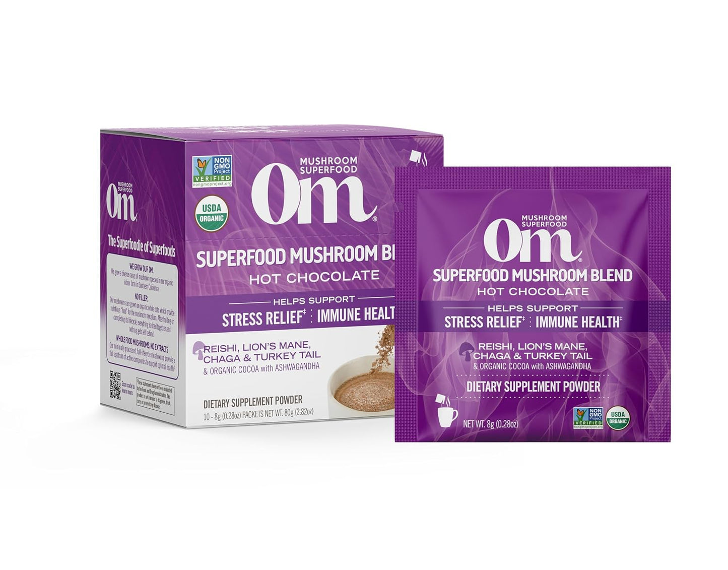 OM Mushroom Superfood Hot Chocolate Blend – Dutch Cocoa with Lion's Mane, Reishi, Chaga & Turkey Tail, Single Serve, 10 Count