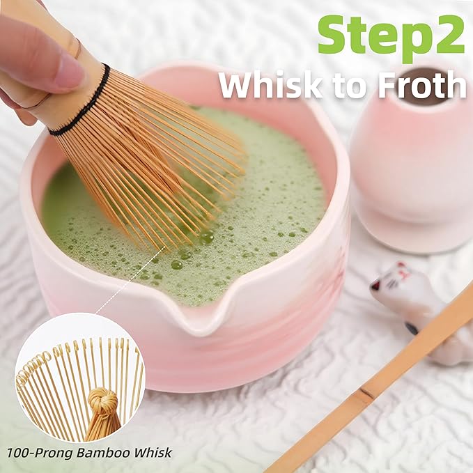 Pink Matcha Kit, 6 Pcs Pink Matcha Whisk Set, Christmas Gift, Matcha Bowl with Spout(18 OZ) & Macha Whisk and Holder, Matcha Bowl and Whisk set