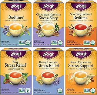 Yogi Tea Stress Relief & Herbal Tea Variety Pack - 16 Bags per Pack (6 Packs) - Organic Herbal Sampler - Includes Bedtime, Kava Stress Relief, Soothing Caramel Bedtime & More