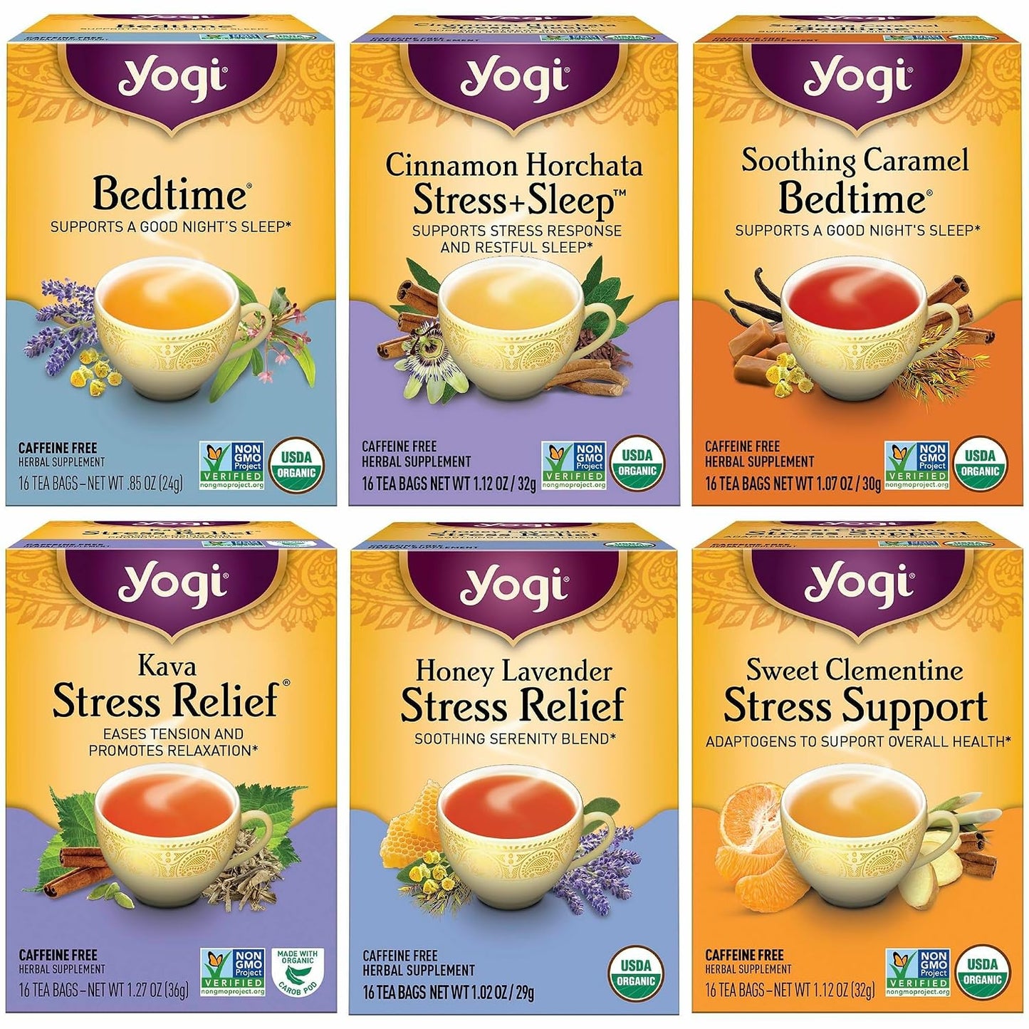 Yogi Tea Herbal Variety Pack – 16 Bags per Pack (6 Packs) – Bedtime, Kava & Soothing Caramel