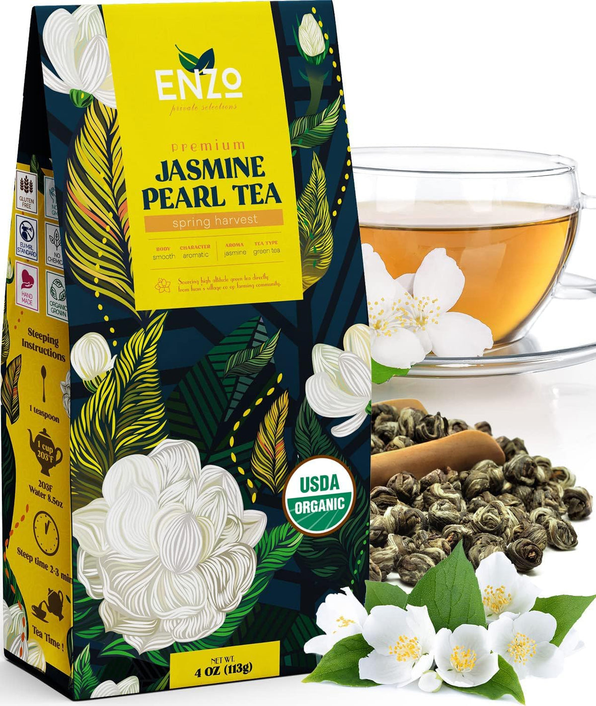Organic Jasmine Green Tea Pearls - 4oz 113g - Dragon Pearl Tea by Enzo - Experience Soothing Scent of Jasmine Mellows Awaking Caffiene of Green Tea Pearl (Jasmine)