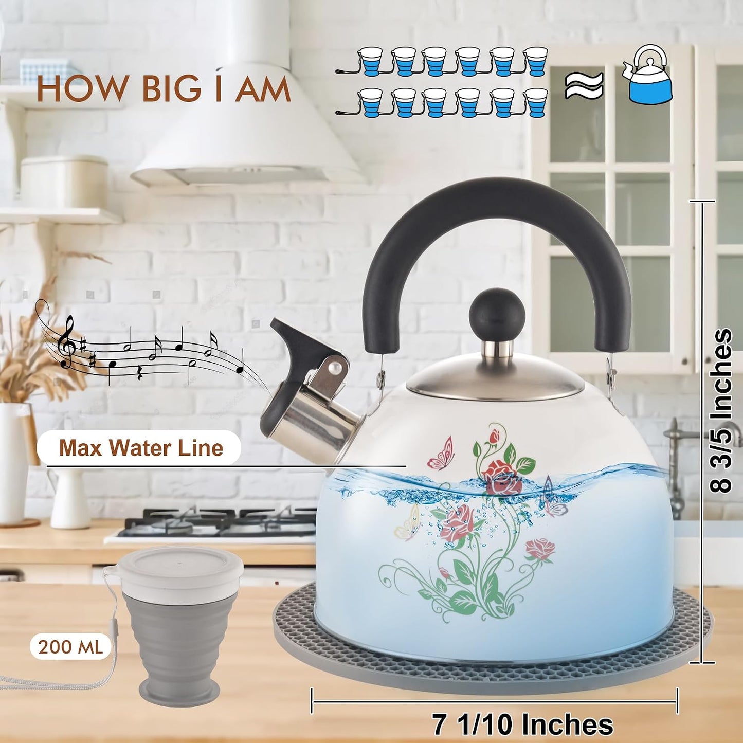 ARC 2 Quart Whistling White Tea Kettle with Magic Color Changing Design | Stainless Steel Stovetop Kettle Whistle Teapot with Folding Cup &amp; Trivet Mat