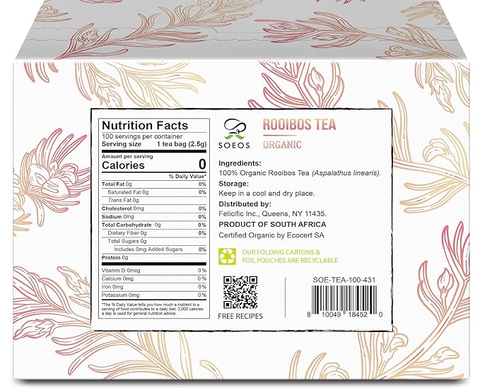 Soeos Organic Rooibos Tea, 9oz (250g), 100 Tagless Tea Bag, Naturally Caffeine Free, USDA Organic.