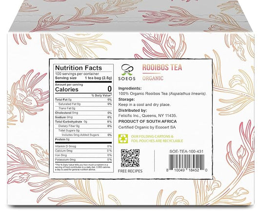 Soeos Organic Rooibos Tea, 9oz (250g), 100 Tagless Tea Bag, Naturally Caffeine Free, USDA Organic.