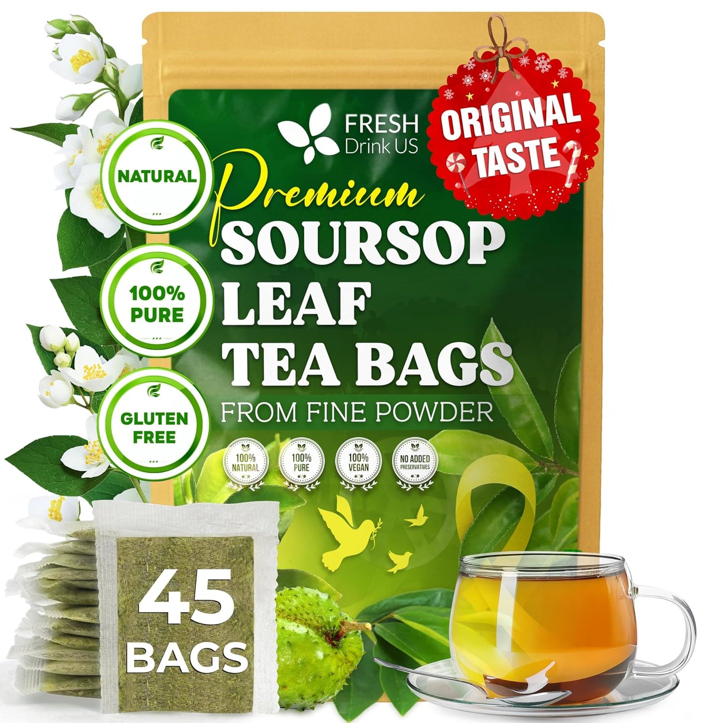 FreshDrinkUS, Soursop Graviola Leaf Tea | 45 Count | Eco-Conscious Tea Bag