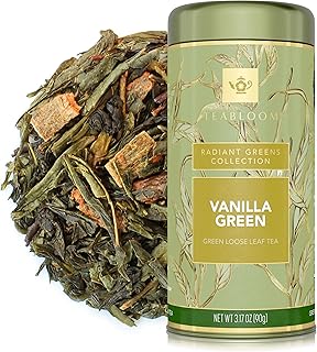 Teabloom Kosher Certified Vanilla Green Tea, Loose Leaf Tea Blend in Reusable Gift Canister, 3.17 oz/90 g Canister Makes 35-50 Cups