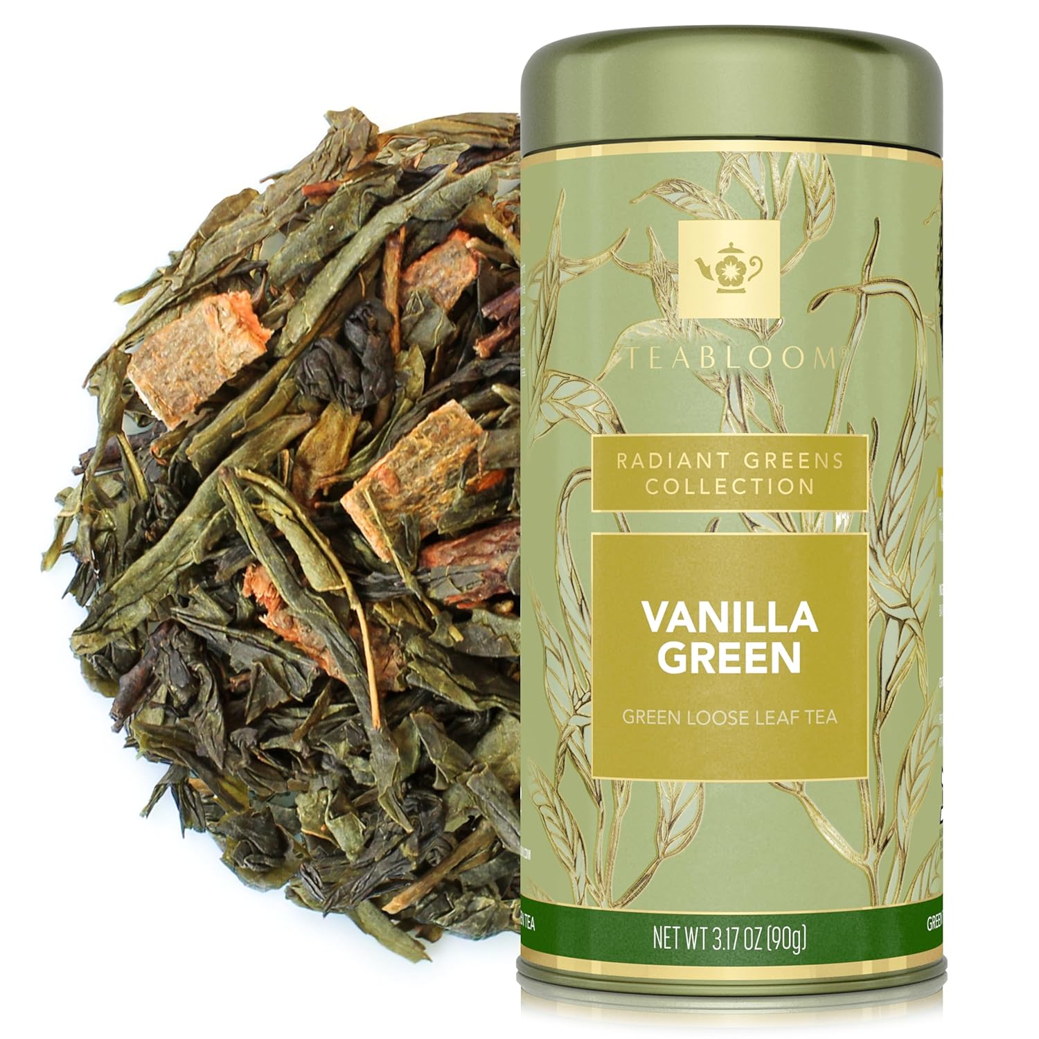 Teabloom Kosher Certified Vanilla Green Tea, Loose Leaf Tea Blend in Reusable Gift Canister, 3.17 oz/90 g Canister Makes 35-50 Cups