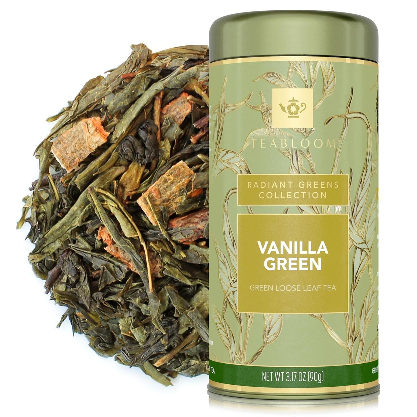 Teabloom Kosher Certified Vanilla Green Tea, Loose Leaf Tea Blend in Reusable Gift Canister, 3.17 oz/90 g Canister Makes 35-50 Cups