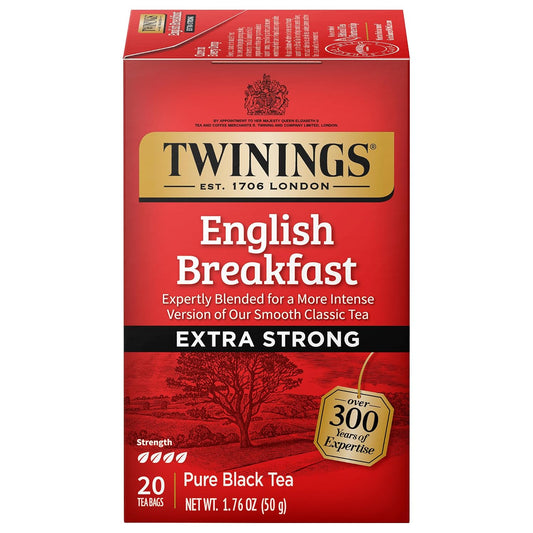 Twinings Extra Strong English Breakfast Black Tea Bags, 20 CT (1 Pack) | A Rich, More Intense Twist to Our Classic, Naturally Caffeinated, 20 Foil Lined Individually Wrapped Bags, Enjoy Hot or Iced