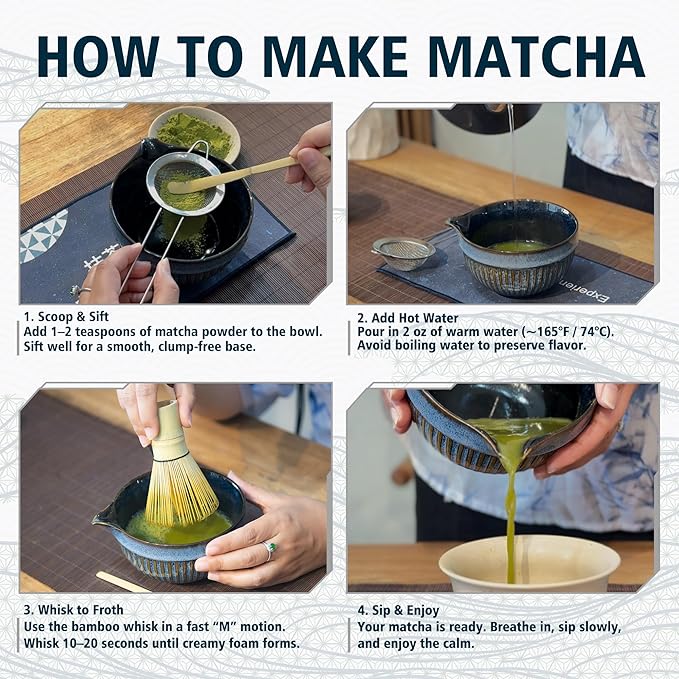 Matcha Whisk Set – Ceramic Matcha Bowl with Spout, Bamboo Whisk, Scoop, Ceramic Holders, Stainless Sifter, Towel
