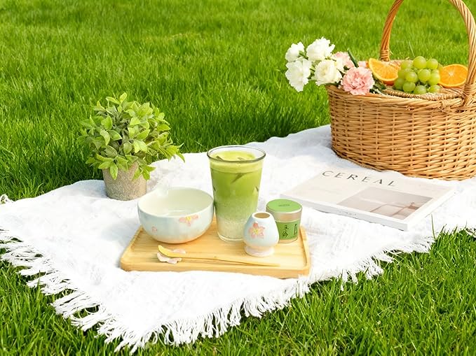 Matcha set with tray 8pcs, Japanese Matcha Kit includes Ceramic Matcha Bowl, Bamboo Matcha Whisk (Chasen), Whisk Holder, Macha Scoop(Chashaku)