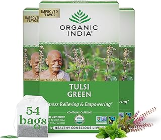 ORGANIC INDIA Tulsi Green Tea Bags - Holy Basil Tea, African Basil, Stress Relieving, Immune Support, USDA Certified Organic, Premium Darjeeling Green Tea, Caffeinated - 18 Infusion Bags, 3 Pack