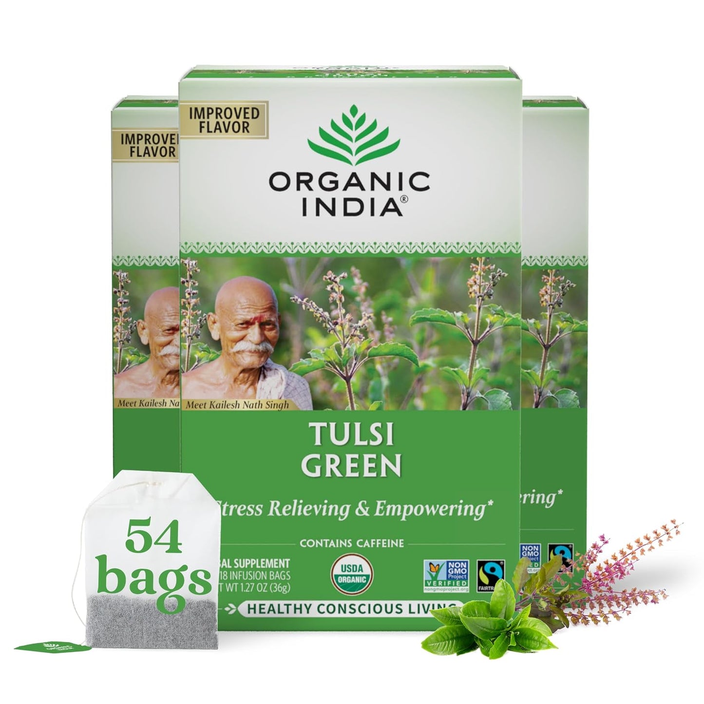ORGANIC INDIA Tulsi Green Tea Bags, African Basil, 18 Infusion Bags, 3 Pack