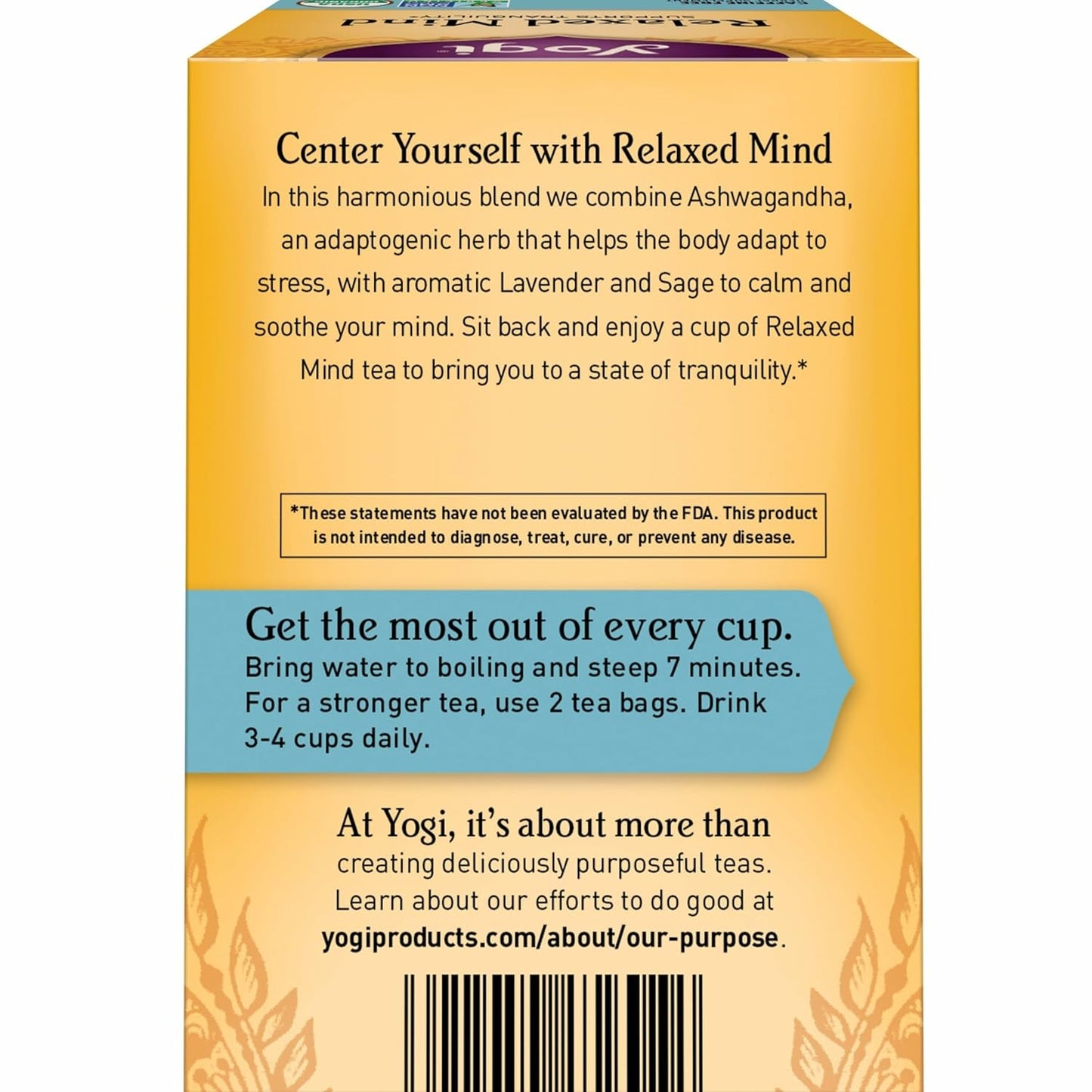 Yogi Tea - Relaxed Mind (6 Pack) - Supports Tranquility - Calming Tea with Gotu Kola and Lavender - Caffeine Free - 96 Organic Herbal Tea Bags