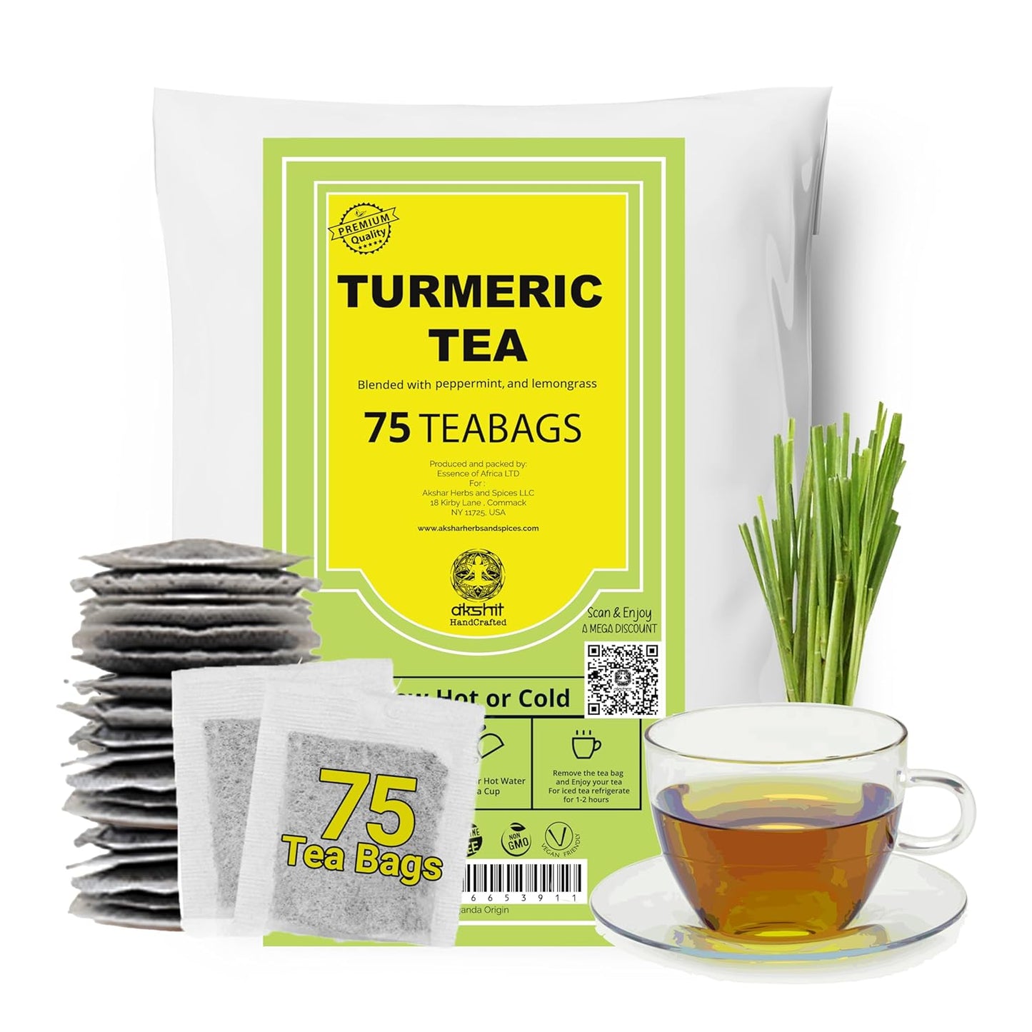 Te de curcuma, 75 Turmeric Tea Bags, 100% Naturale Turmeric Black Pepper Tea Blend, No Sugar, Caffeine Free, Non-Gmo. by Akshit