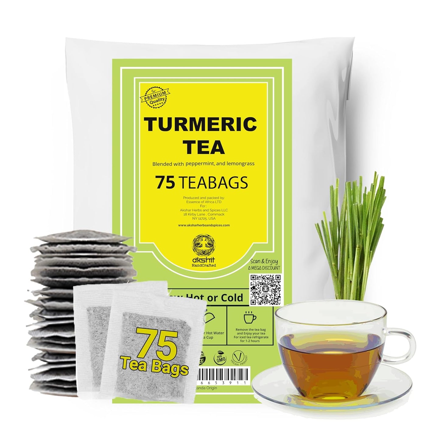 Te de curcuma, 75 Turmeric Tea Bags, 100% Naturale Turmeric Black Pepper Tea Blend, No Sugar, Caffeine Free, Non-Gmo. by Akshit