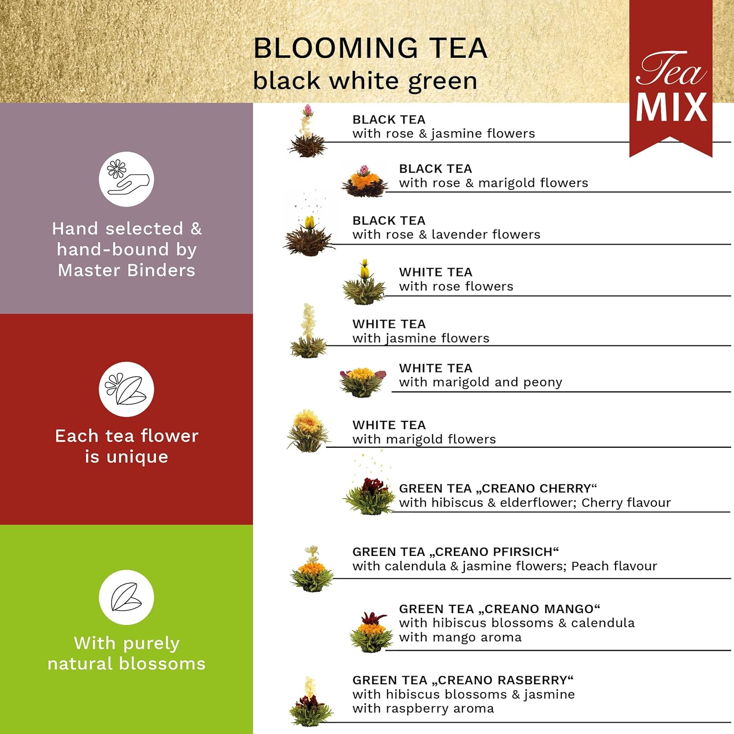 Creano Abloom Tea - Blooming Gift Set in Wooden Box - 12pcs Green, White & Black Tea