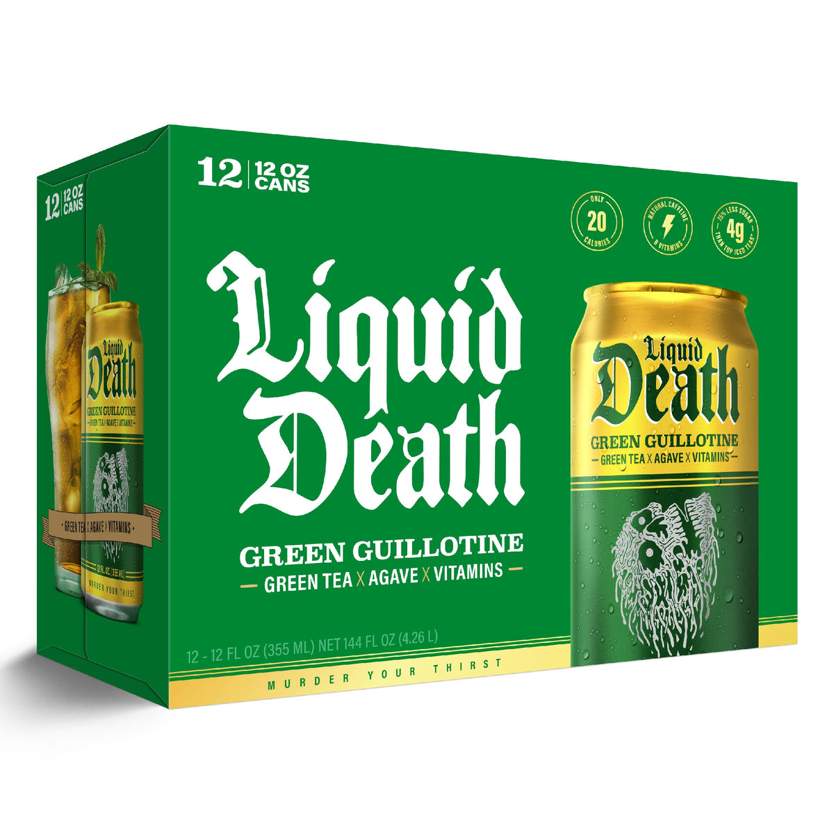 Liquid Death Iced Tea - Green Guillotine (Green Tea), Less Sugar*, Boost of Caffeine, B Vitamins, No Artificial Sweetene