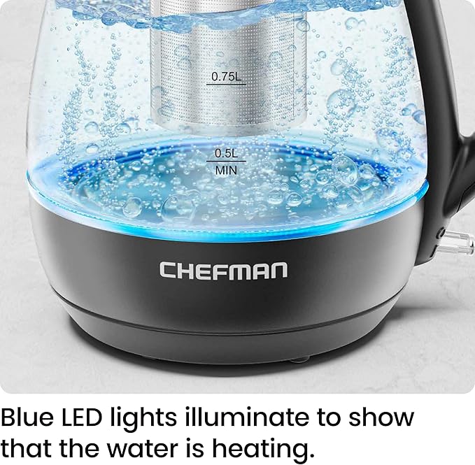Chefman Electric Kettle with Tea Infuser, 1L 1500W, Removable Lid for Easy Cleaning, Boil-Dry Protection, Stainless Steel Filter, BPA Free