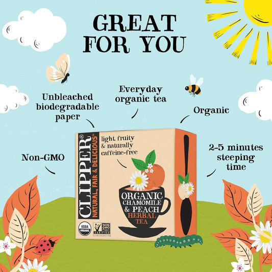 Clipper Organic Chamomile &amp; Peach Herbal Tea, 4 pack / 200 Tea Bags | Naturally caffeine free herbal tea in unbleached tea bags, USDA Organic, Non-GMO approved
