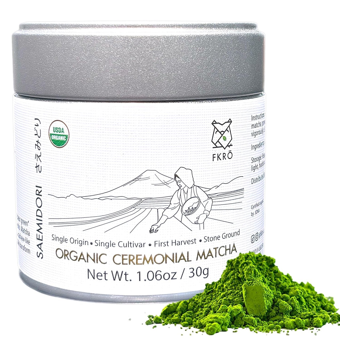FKRO Organic Saemidori Ceremonial Grade Matcha Green Tea Powder | Single Cultivar 1st Harvest | Stone-Ground, Air-Flown Monthly from Japan | 30g Tin