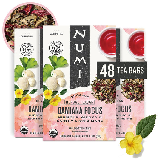 Numi Organic Damiana Focus Tea, 48 Herbal Tea Bags, Caffeine Free