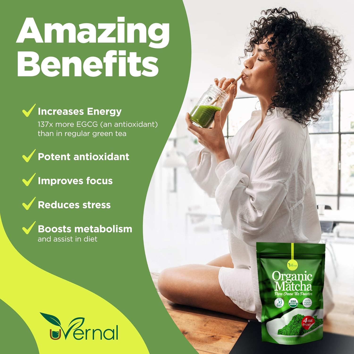 uVernal Organic Matcha Green Tea Powder - 100% Pure Matcha for Smoothies Latte and Baking Easy to Mix - 4oz Kosher Pareve