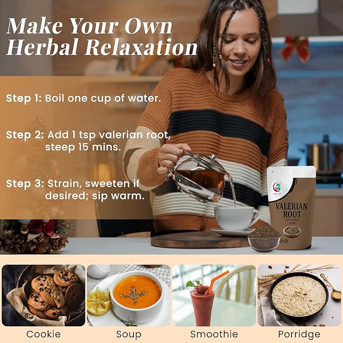 Valerian Root 4oz, Cut & Sifted, 100% Natural & Pure, for Tea & Herbal Blends, Naturally Strong Aroma, Resealable Bag for Freshness - By Yogi’s Gift®