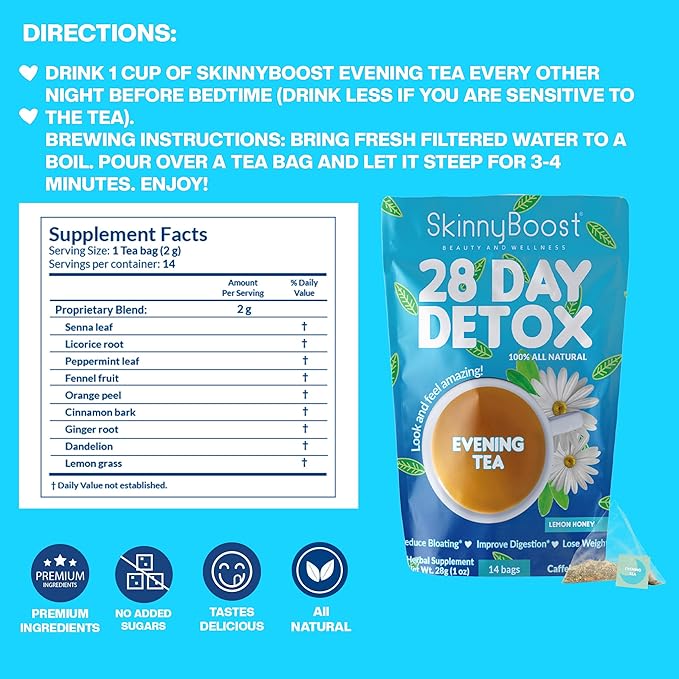 Skinny Boost Evening Detox Tea-14 Tea Bags Total, Supports Detox and Cleanse, Reduce Bloating, 100% All Natural, Vegan, Non GMO