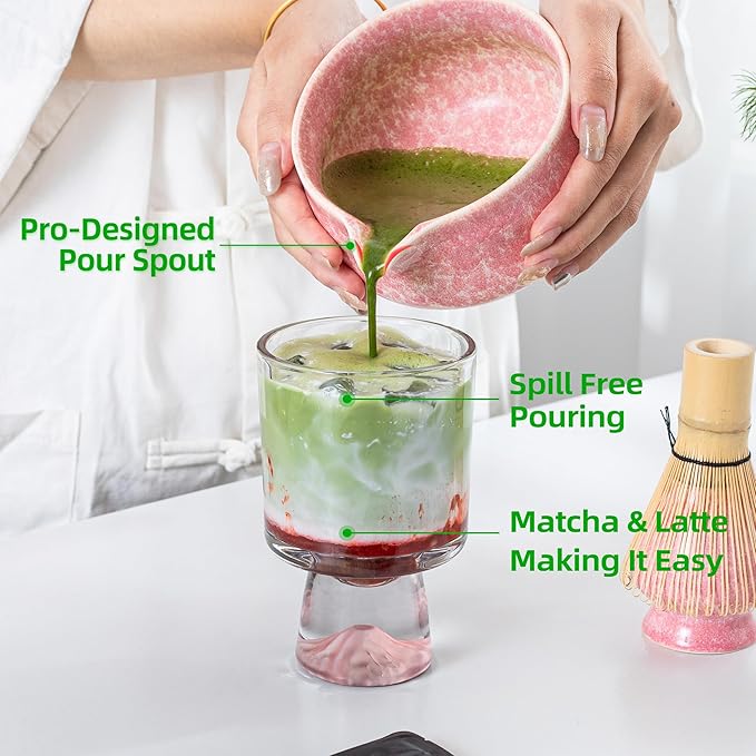 Teanagoo Matcha Whisk Set,7 Pcs Matcha Set Pink for Making Latte,Ceramic Bowl(chawan) whith Spout and Whisk,Gift for Friend/Family