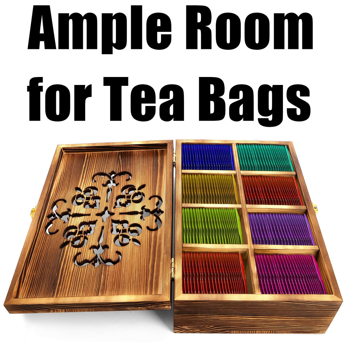 Coloch Wooden Tea Bag Storage Box with Carved Lid, 8-Compartment Tea Chest Organizer Spice Packets Container for Living Room