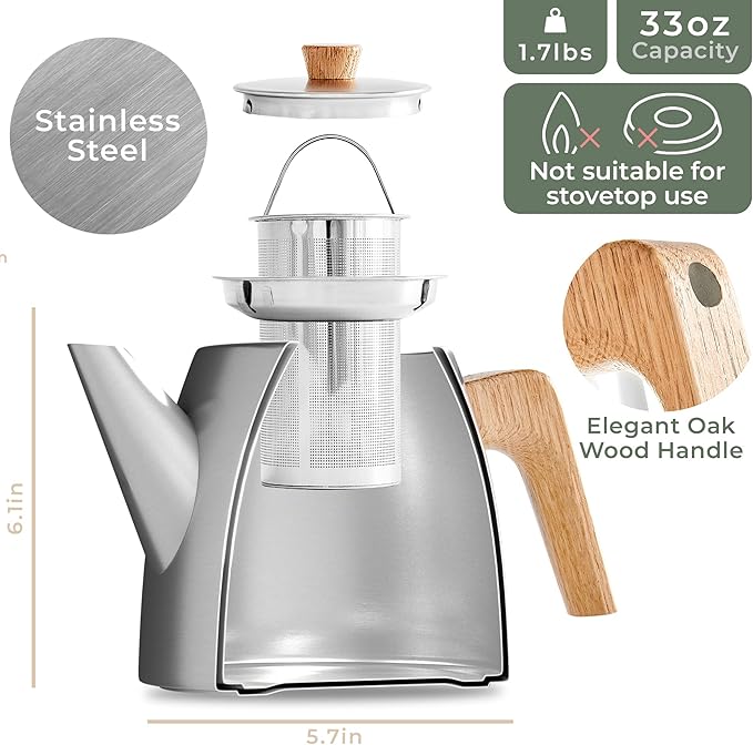 Waldwerk Tea Pot with Infuser - Double Wall Stainless Steel Teapot - Tea Pot with Infuser for Loose Tea