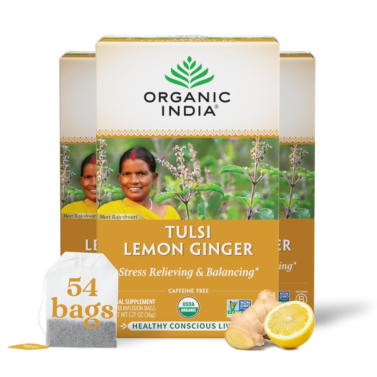 ORGANIC INDIA Tulsi Lemon Ginger Tea Bags, Vegan, 18 Infusion Bags, 3 Pack