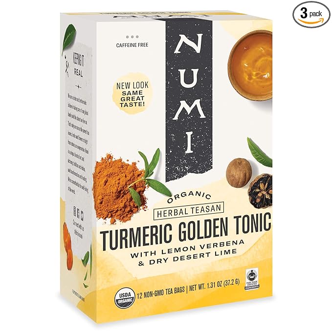 Numi Organic Tea Golden Tonic, 12 Count Box of Tea Bags (Pack of 3) Turmeric Tea (Packaging May Vary)