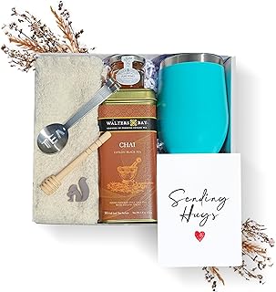 Tea Gift Set for Women – Get Well Basket with Cozy Socks, 18 Full Leaf Sachets, Honey, Tumbler & Sending Hugs Card (Chai)