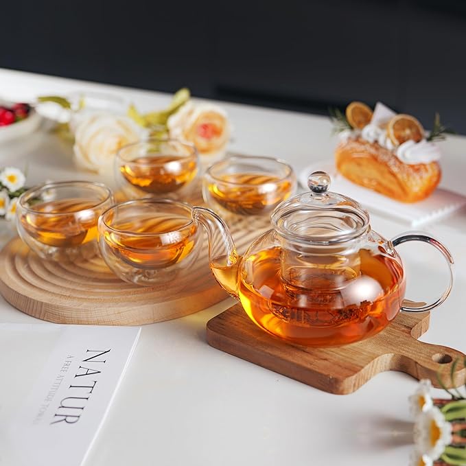 Cnglass Glass Teapot Set,20oz Clear Tea Pot with 4 Double Wall Teacups,Stovetop Safe Tea Kettle,Blooming Loose Leaf Tea Maker Gift