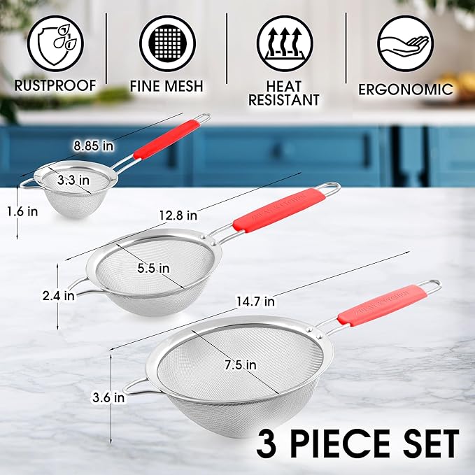 Zulay Kitchen Premium Stainless Steel Fine Mesh Strainer Set - Strainers For Kitchen (Set of 3) With Non-Slip Handles - Includes A Small, Medium & Large Fine Mesh Sieve Set - Durable Metal Strainer