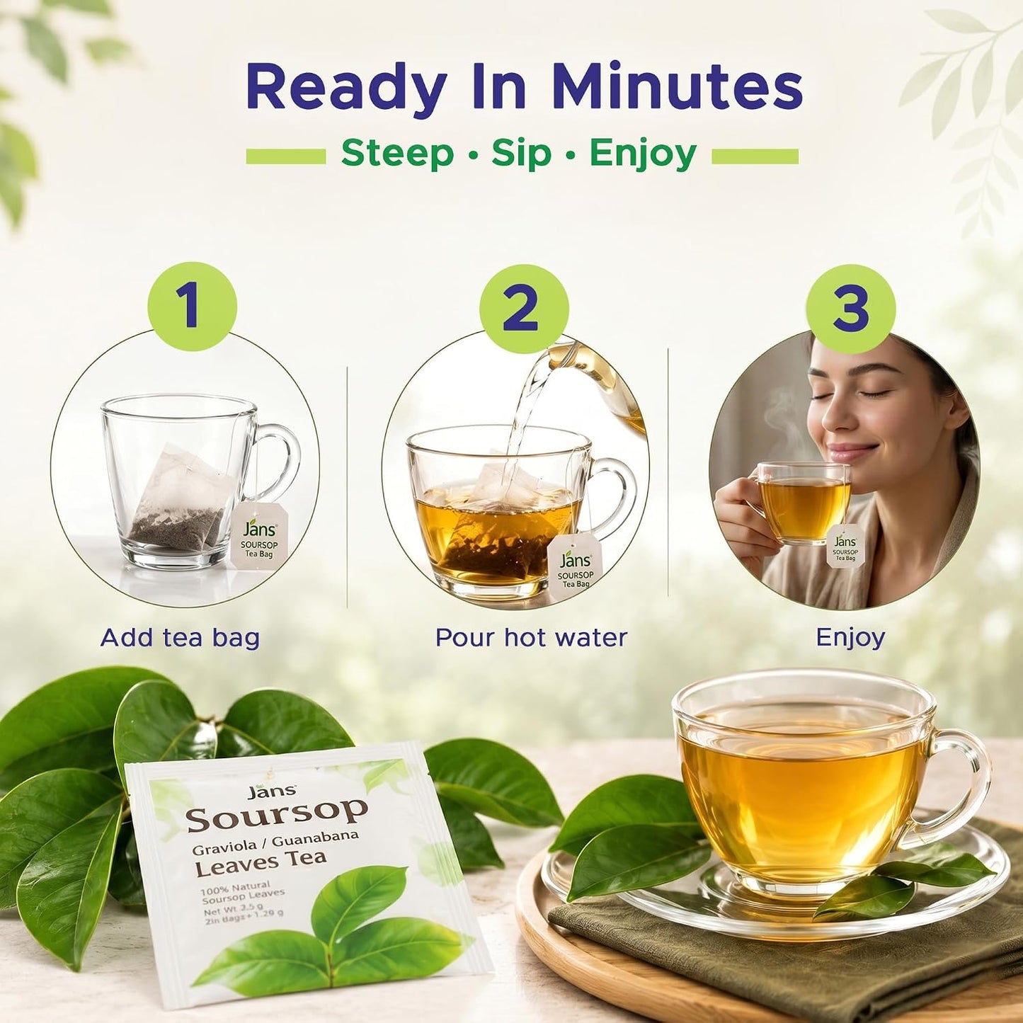 Jans Soursop Tea Bags, 50 Count, 2 Pack of 25, 100% Natural Soursop Leaves