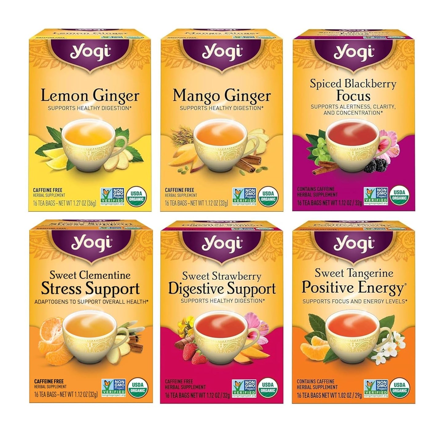Yogi Tea - Fruity Tea Variety Sampler, 16 Tea Bags per pack (6 Packs) – Black, Green & Herbal Assorted Flavors: Sweet Clementine, Blackberry, Tangerine, Lemon, Strawberry, Mango & More