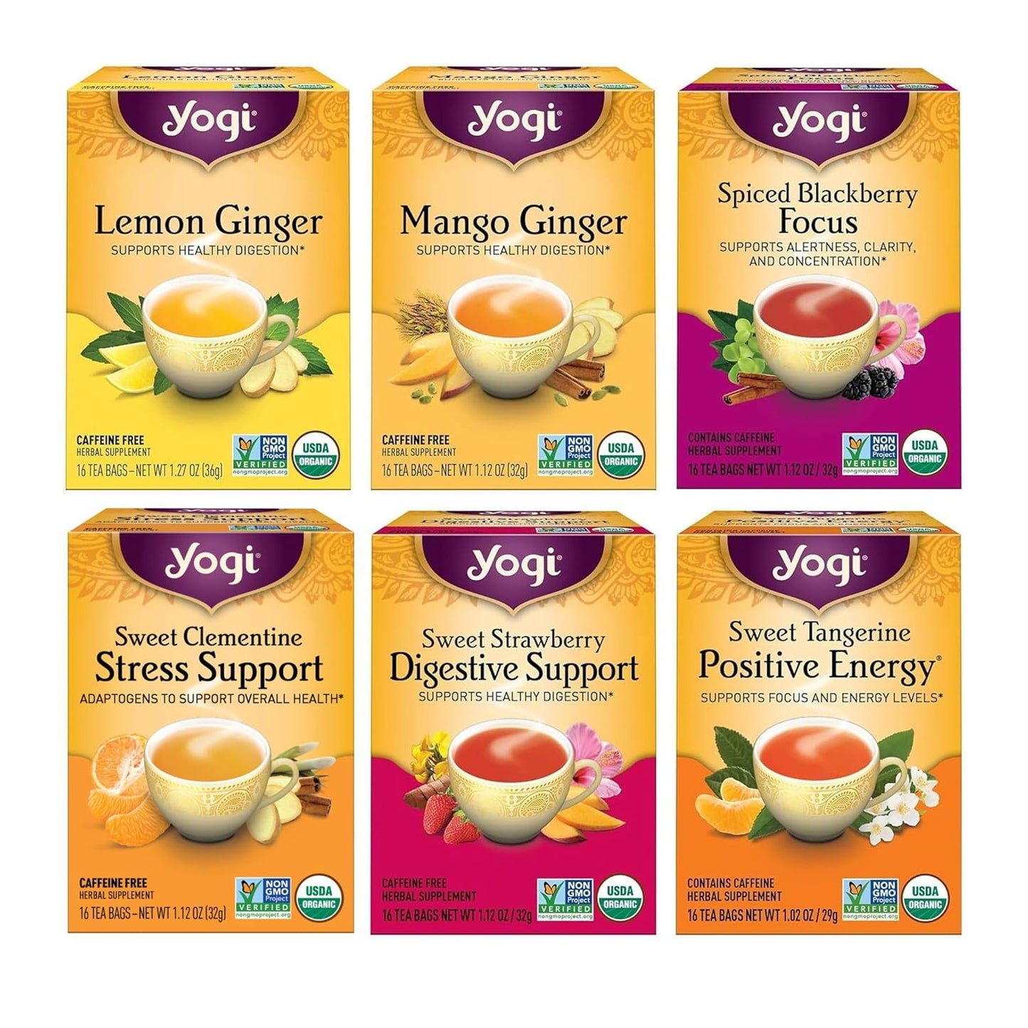 Yogi Tea - Fruity Tea Variety Sampler, 16 Tea Bags per pack (6 Packs) – Black, Green & Herbal Assorted Flavors: Sweet Clementine, Blackberry