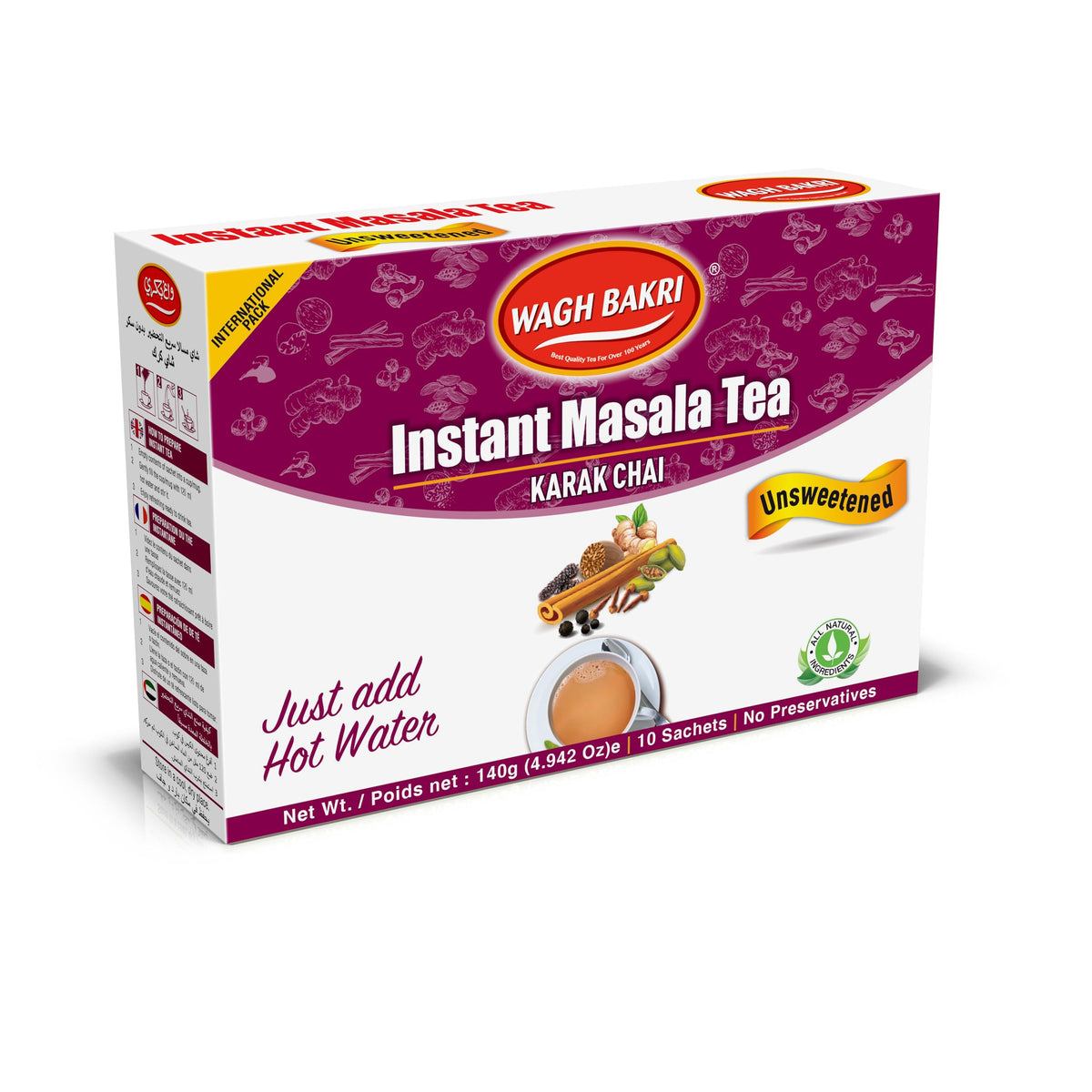 Wagh Bakri Instant Masala Tea, Unsweetened No Sugar Added, Karak Chai - 140grams, 10 Sachets [International Pack]