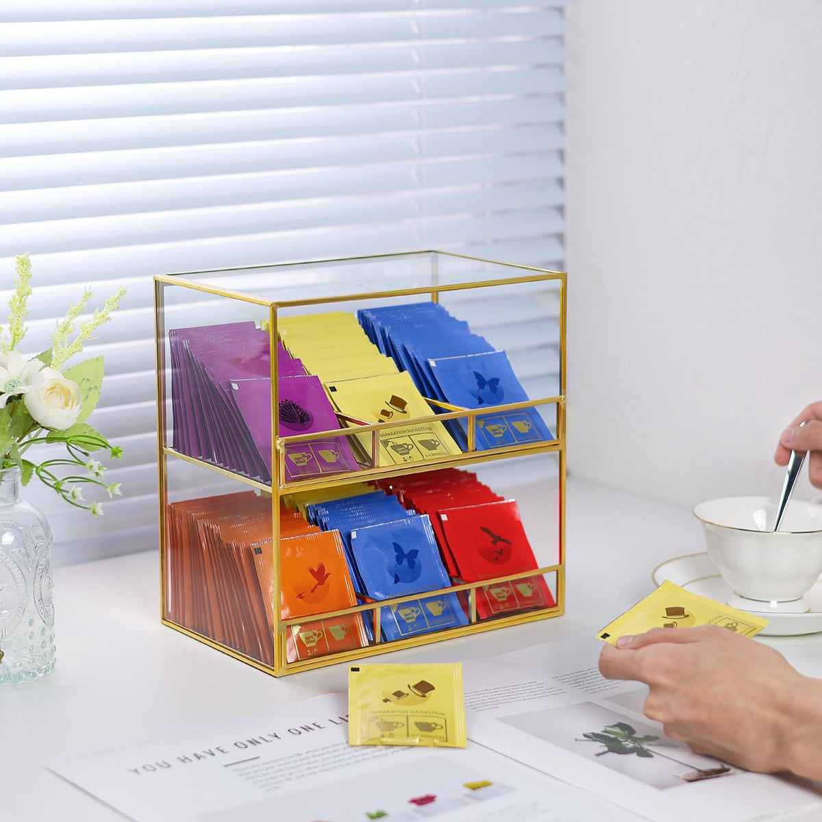 REDHUGO Glass Tea Bag Organizer for Counter, 2-Tier Teabag Organizer Storage Holder for Tea Bags, Glass Caddy Box Containers