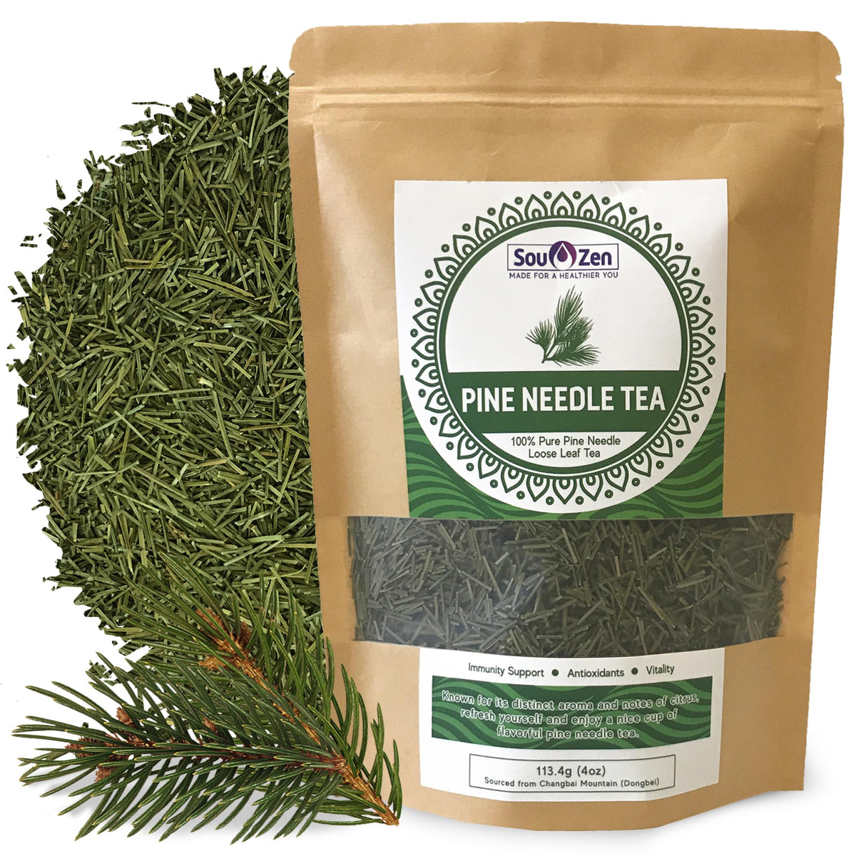 Sou Zen Pine Needle Tea Loose Leaf 4oz | Korean Pine Needle Herbal Tea from Changbai Mountains | Caffeine Free Loose Leaf Tea