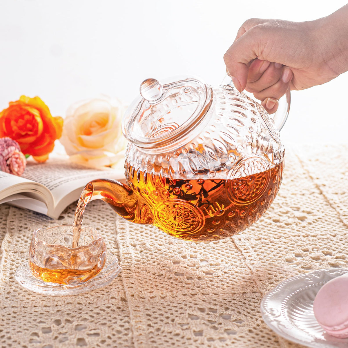 Bandesun Small Capacity Vintage Glass Teapot, Tea Kettle with Removable Infuser 32OZ/1000ml, Borosilicate Glass Pot -Stovetop