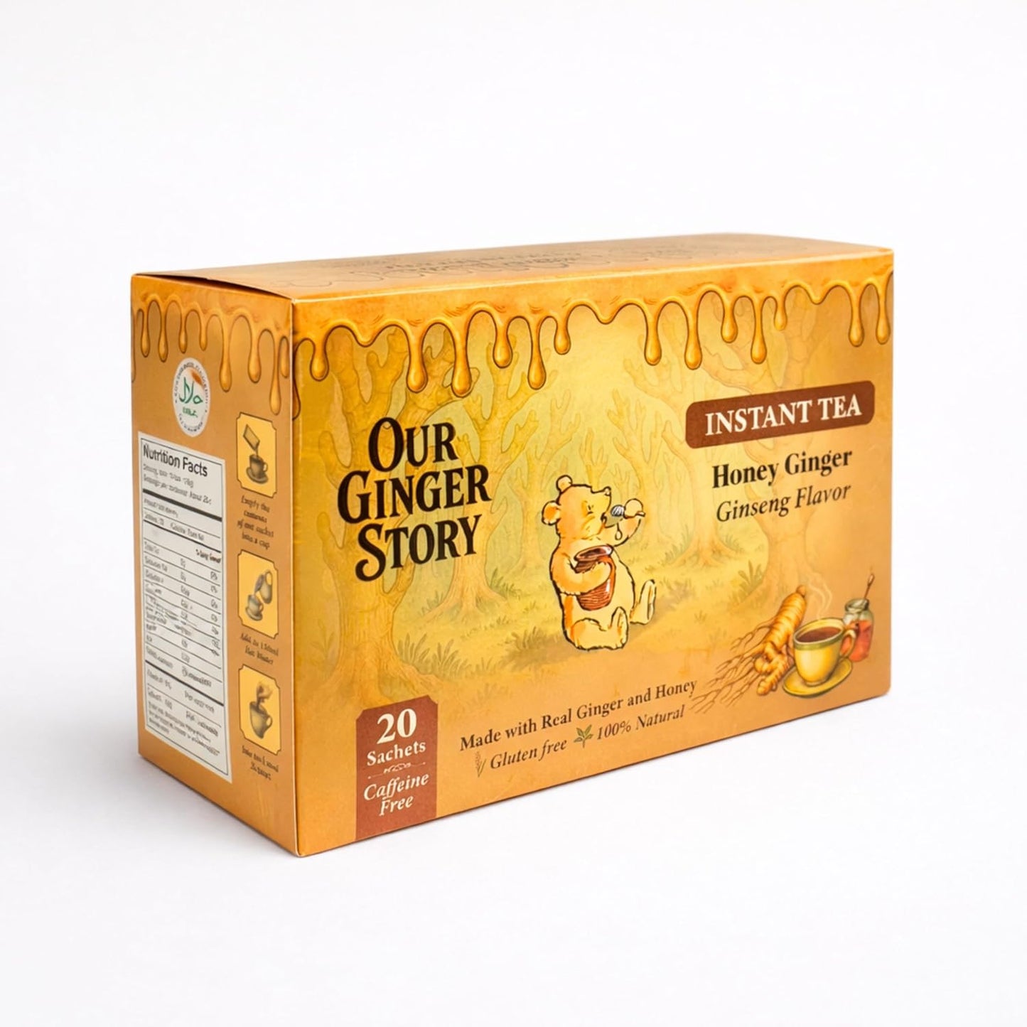 Premium Honey Ginger Instant Tea Crystals, With Ginseng 20 Sachets Real Ginger Real Honey Pure Cane Sugar Caffeine Free Hot Or Cold Single Serve Drink Mix