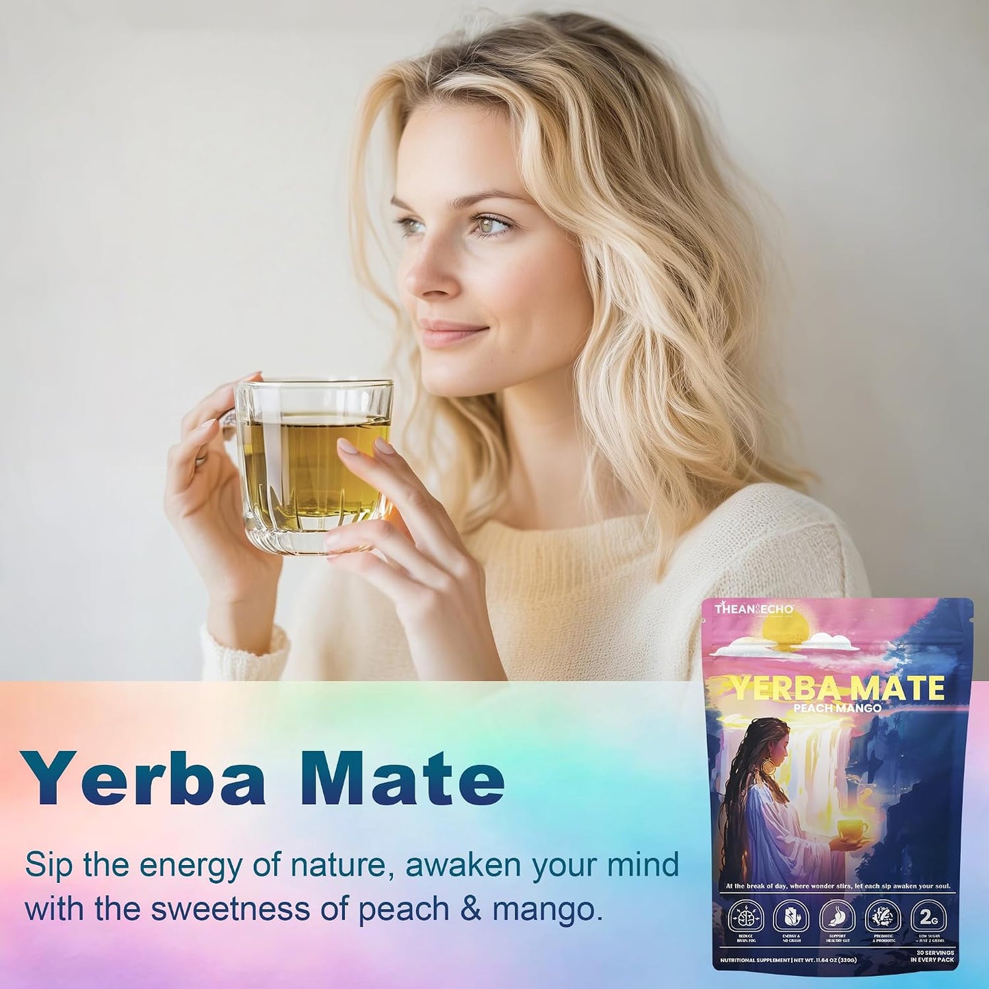 THEANECHO Yerba Mate Tea Powder, Peach Mango, Low Sugar, 30 Servings | Yerba mate tea powder with 2g sugar, lion's mane, L-theanine, prebiotic and probiotic blend