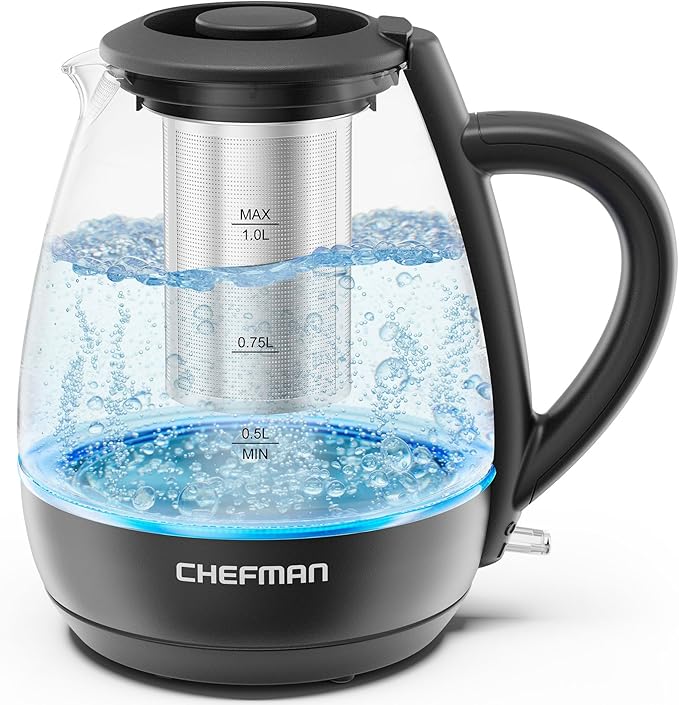 Chefman Electric Kettle with Tea Infuser, 1L 1500W, Removable Lid for Easy Cleaning, Boil-Dry Protection, Stainless Steel Filter, BPA Free