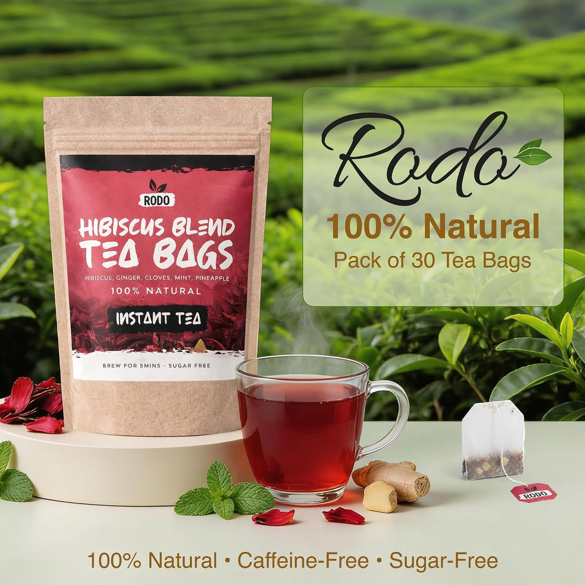 Hibiscus Tea Bags - 30 Count Herbal Tea Blend with Ginger, Mint, Cloves &amp; Pineapple | Caffeine-Free | Sugar Free | Premium Hibiscus Tea