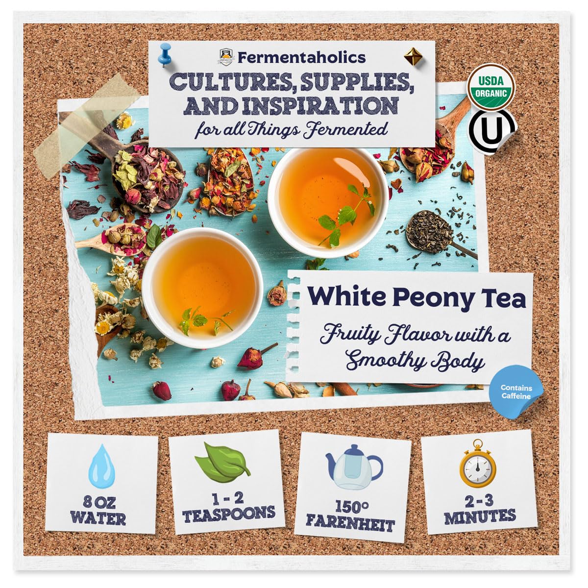Fermentaholics White Peony Tea – 2 oz – USDA Certified Organic Loose Leaf – Delicate Flavor for Kombucha Brewing, Hot or iced tea