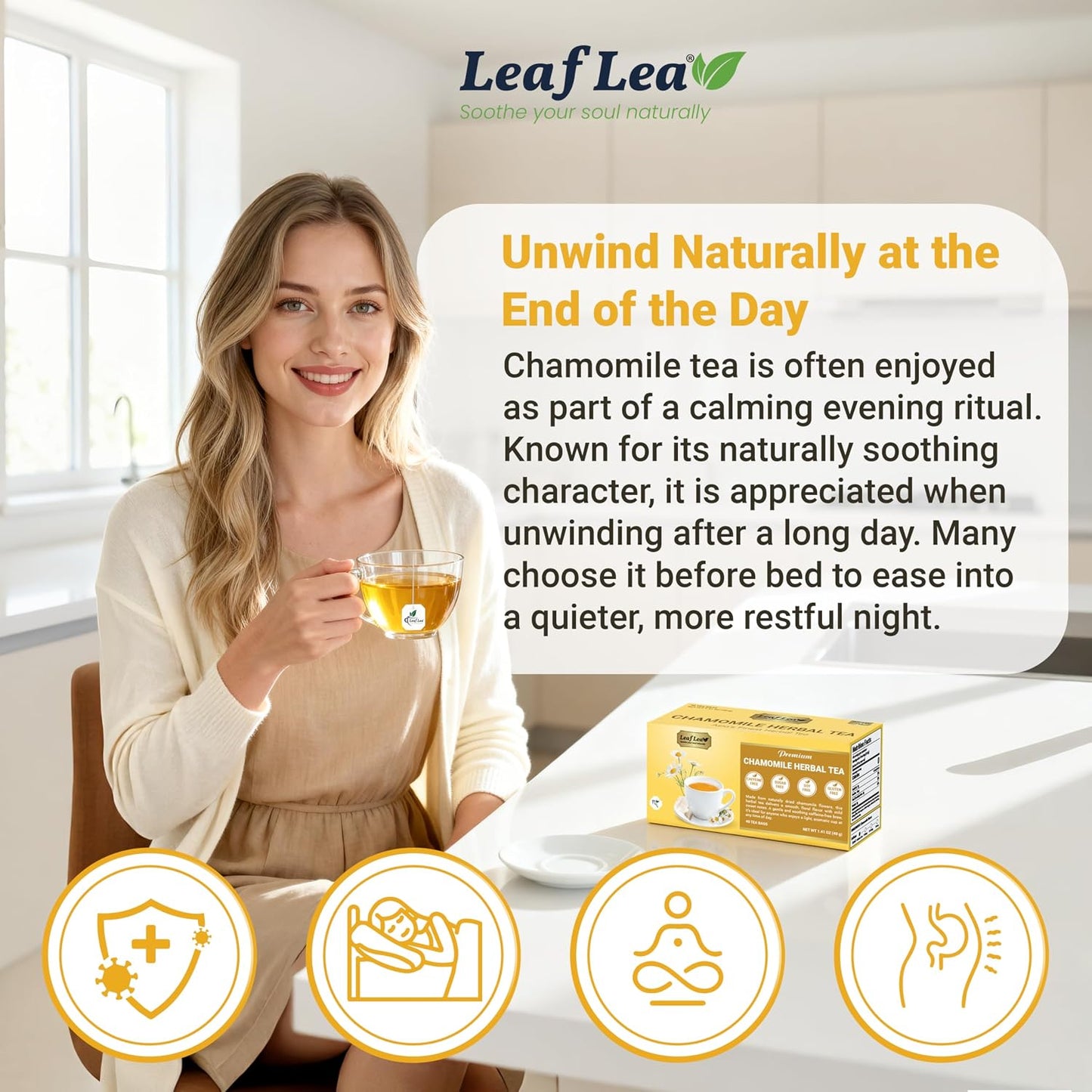 LeafLea Chamomile Herbal Tea Bags, Calm Evening Routine, 80 Count | From Chamomile Flowers, Smooth Floral Taste, Caffeine-Free, Naturally Sugar-Free, Non-GMO, Individually Wrapped